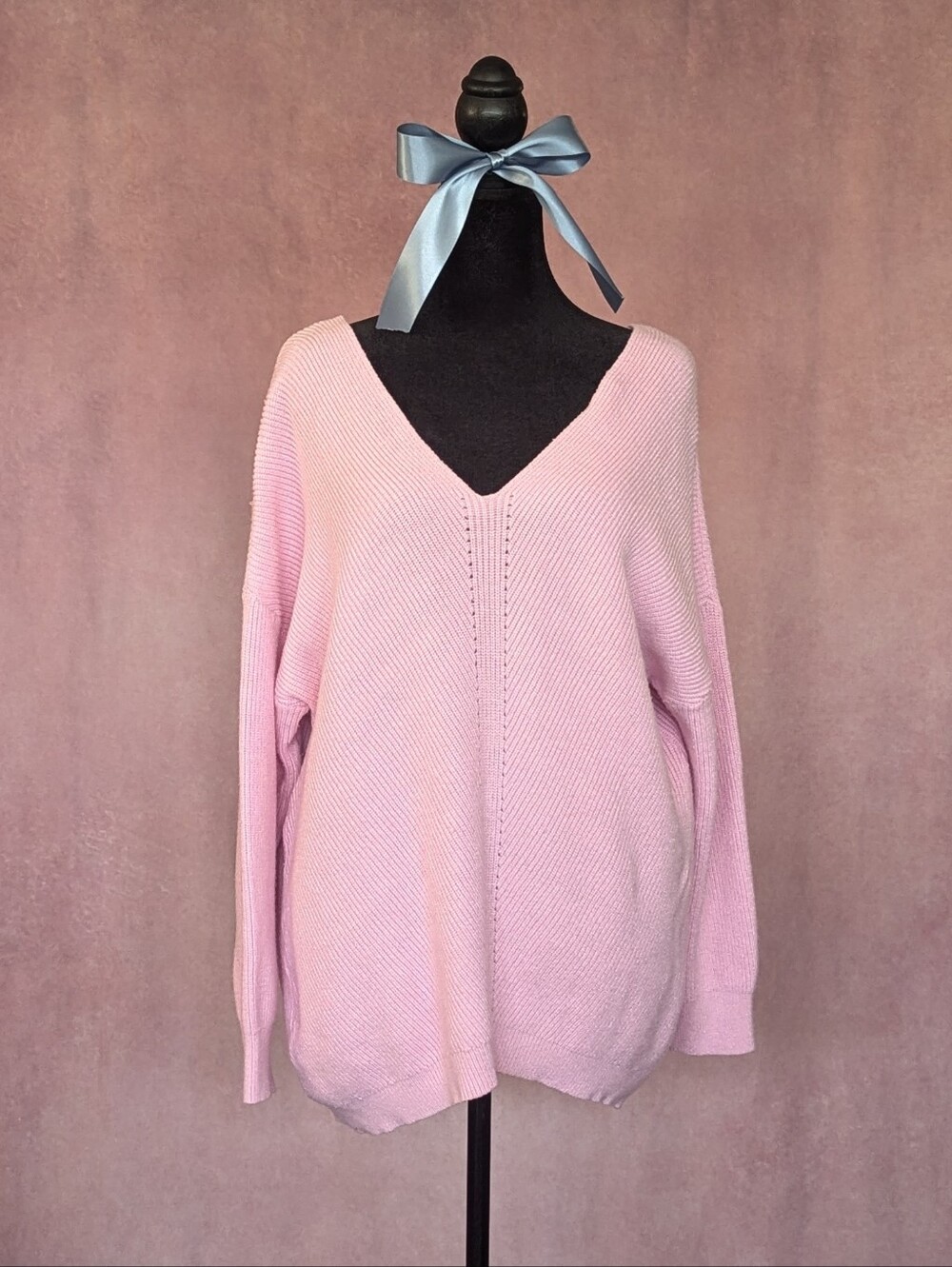 Soft Pink Knit Sweater Oversized V Neck Cozy Pullover